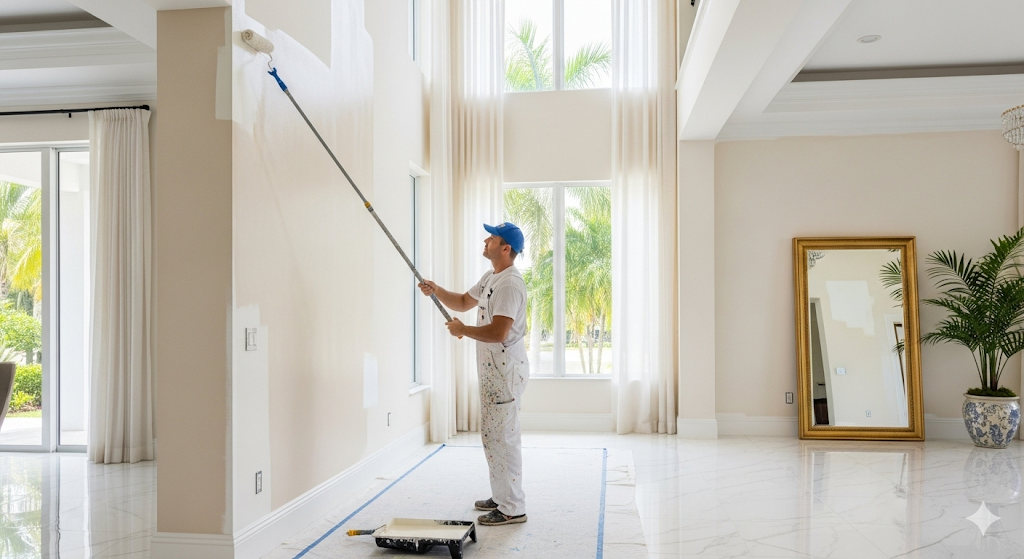 Professional painter in white protective gear rolling paint on an interior wall in a Durango, Colorado home