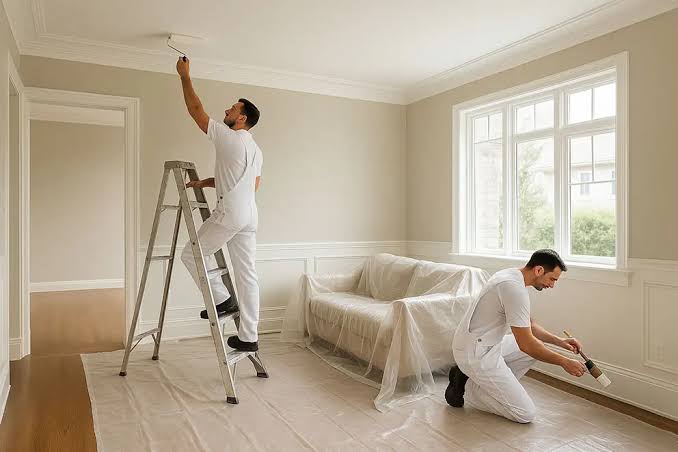 Two professional painters rolling ceiling paint and cutting in trim in a Durango, Colorado living room