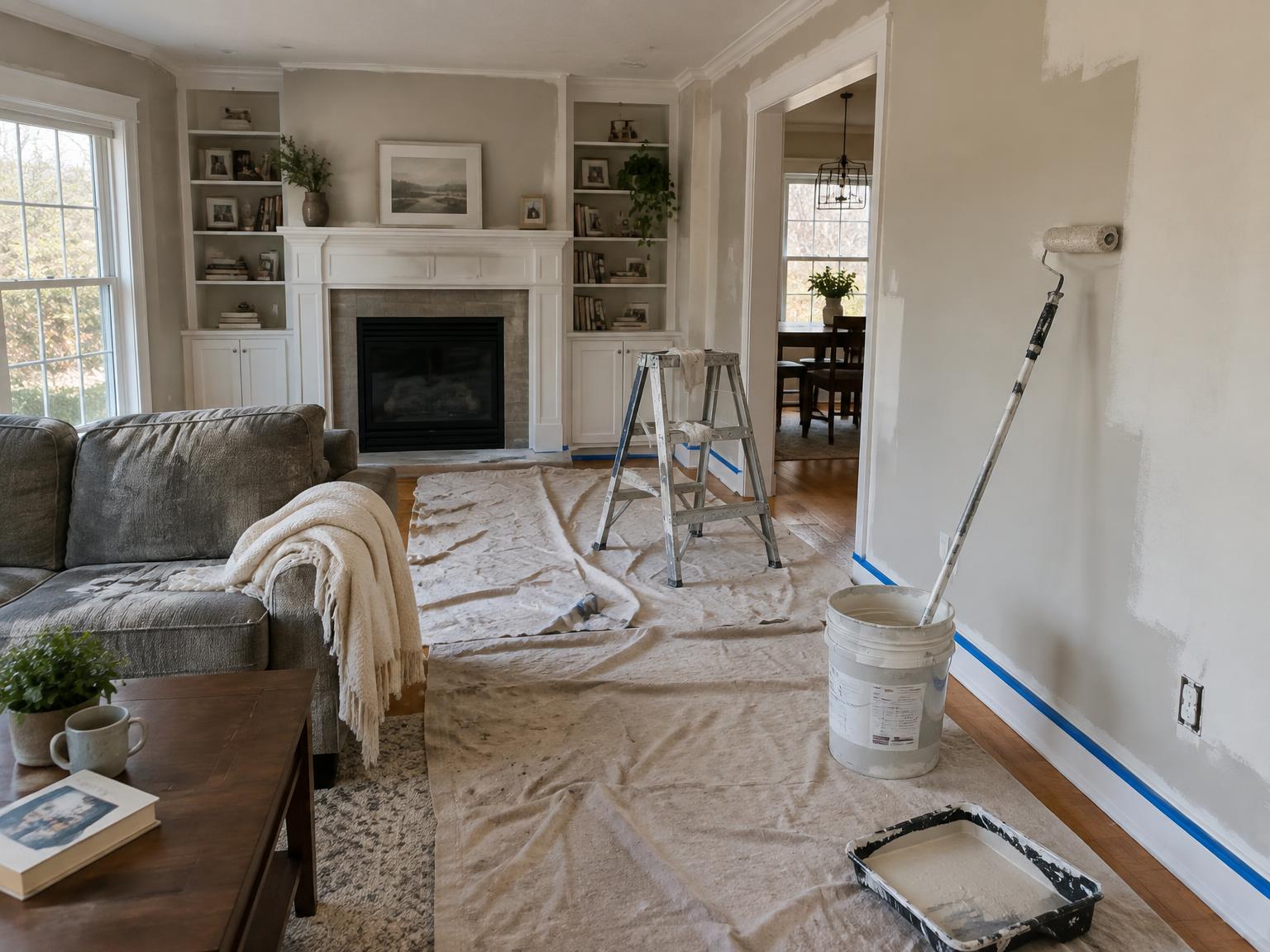 Interior repaint in progress with drop cloths, ladder and roller in a Durango, CO home