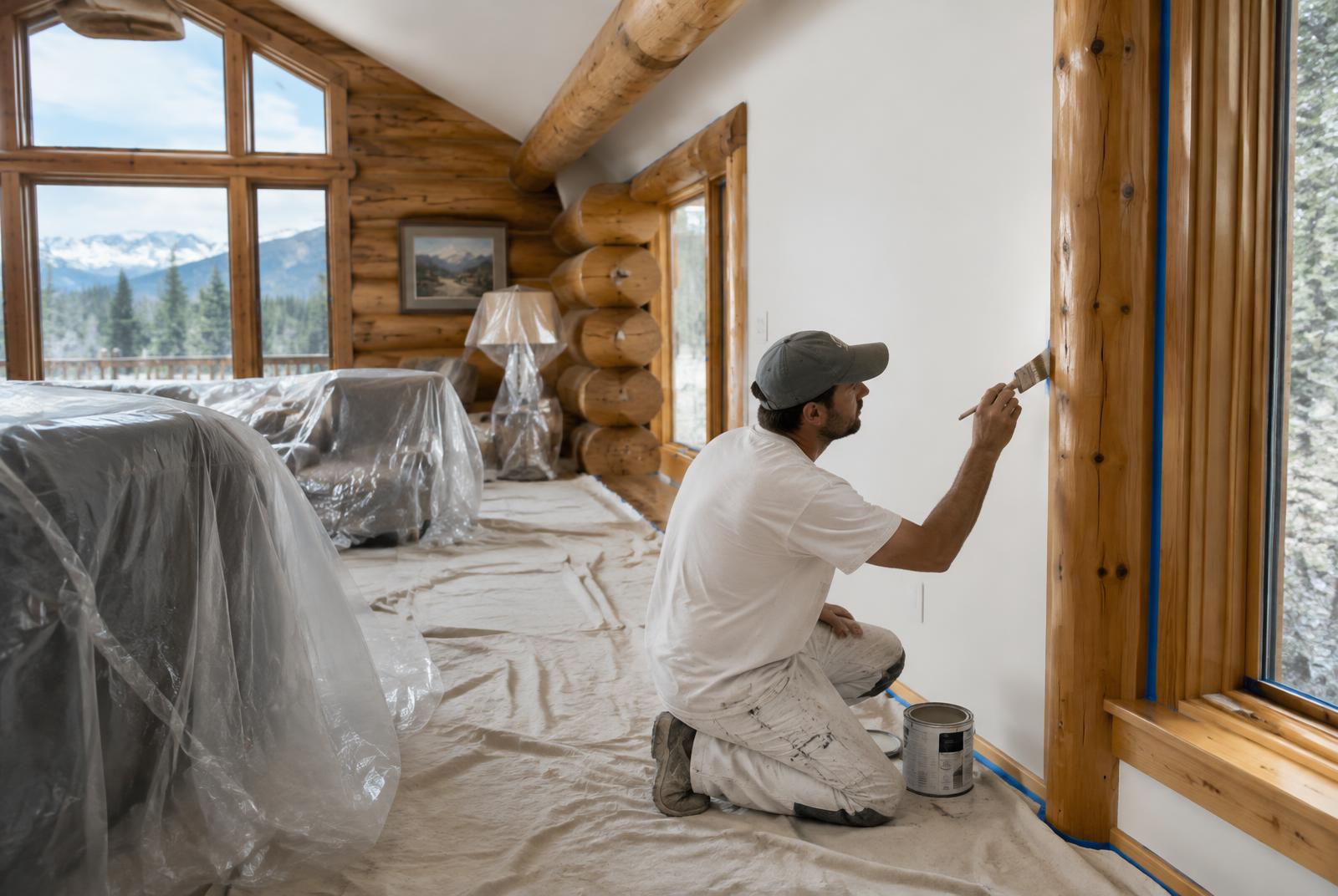Painter brushing next to log trim in a Colorado log home with furniture covered and floors protected