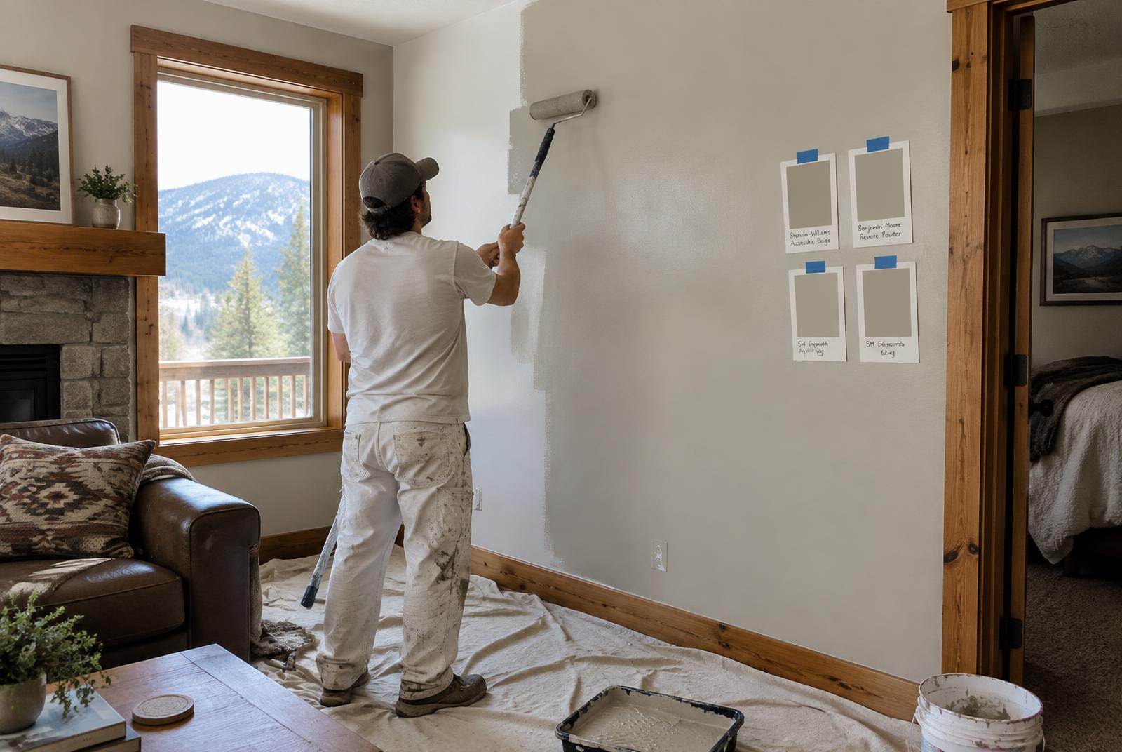 Painter rolling a warm greige color onto a living room wall with approved color samples taped nearby