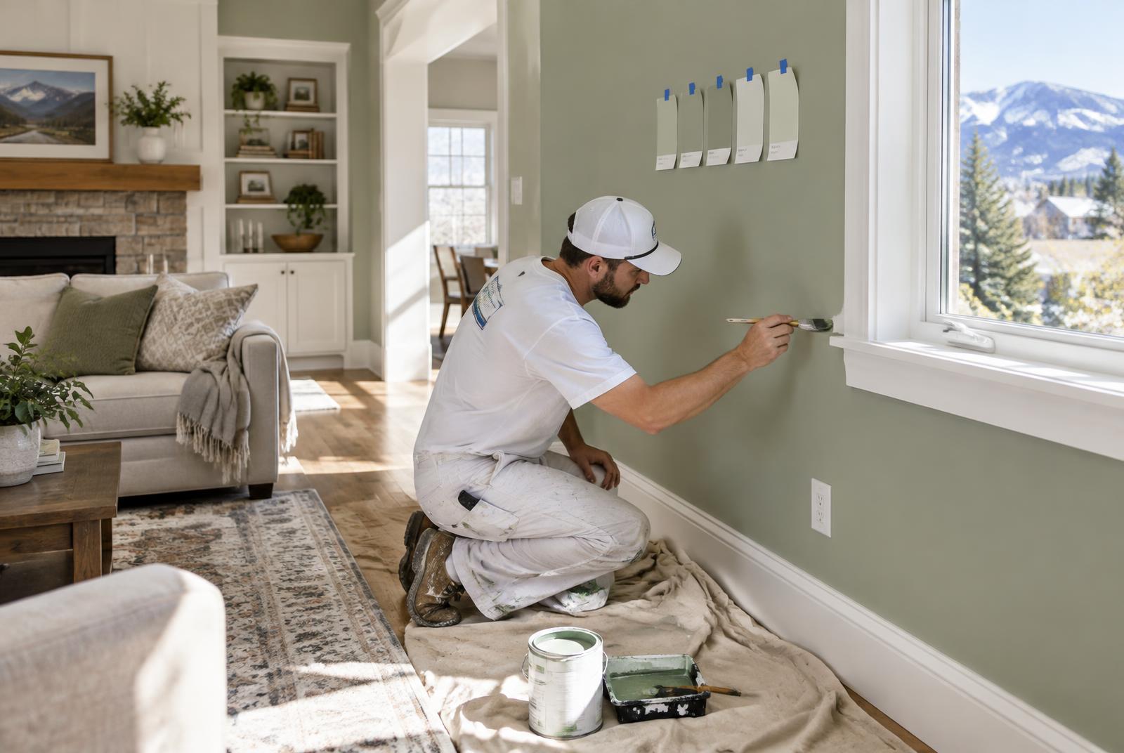 Interior painter cutting in a sage green wall color along white window trim in a Bayfield, Colorado living room