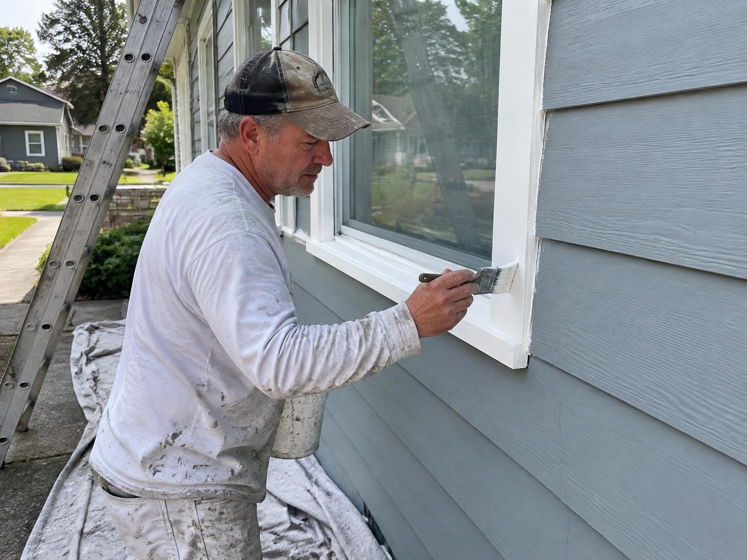 Erin Bledsoe hand-brushing exterior window trim on a Durango, CO home