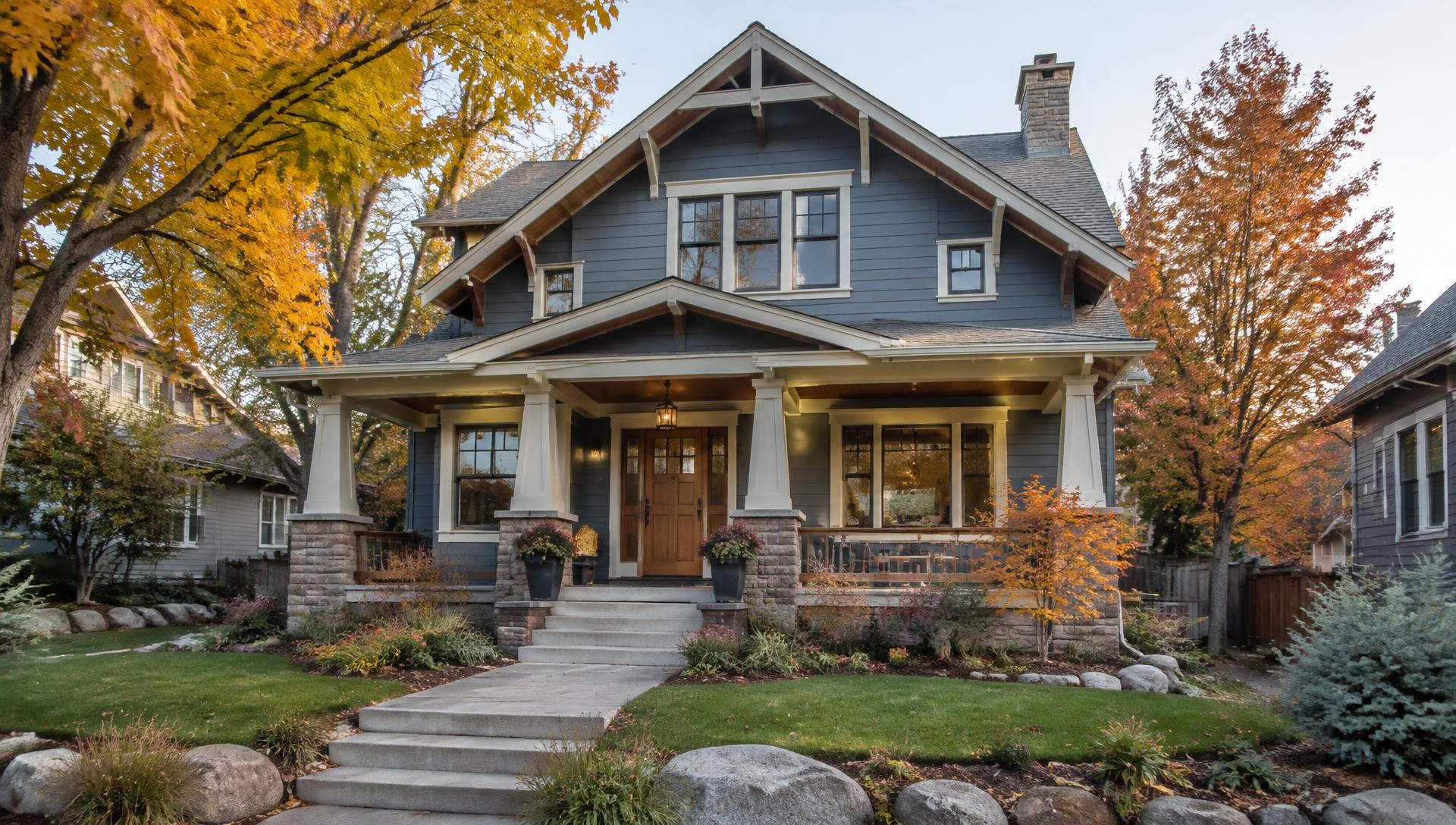 Completed two-story home exterior repaint with a mountain backdrop