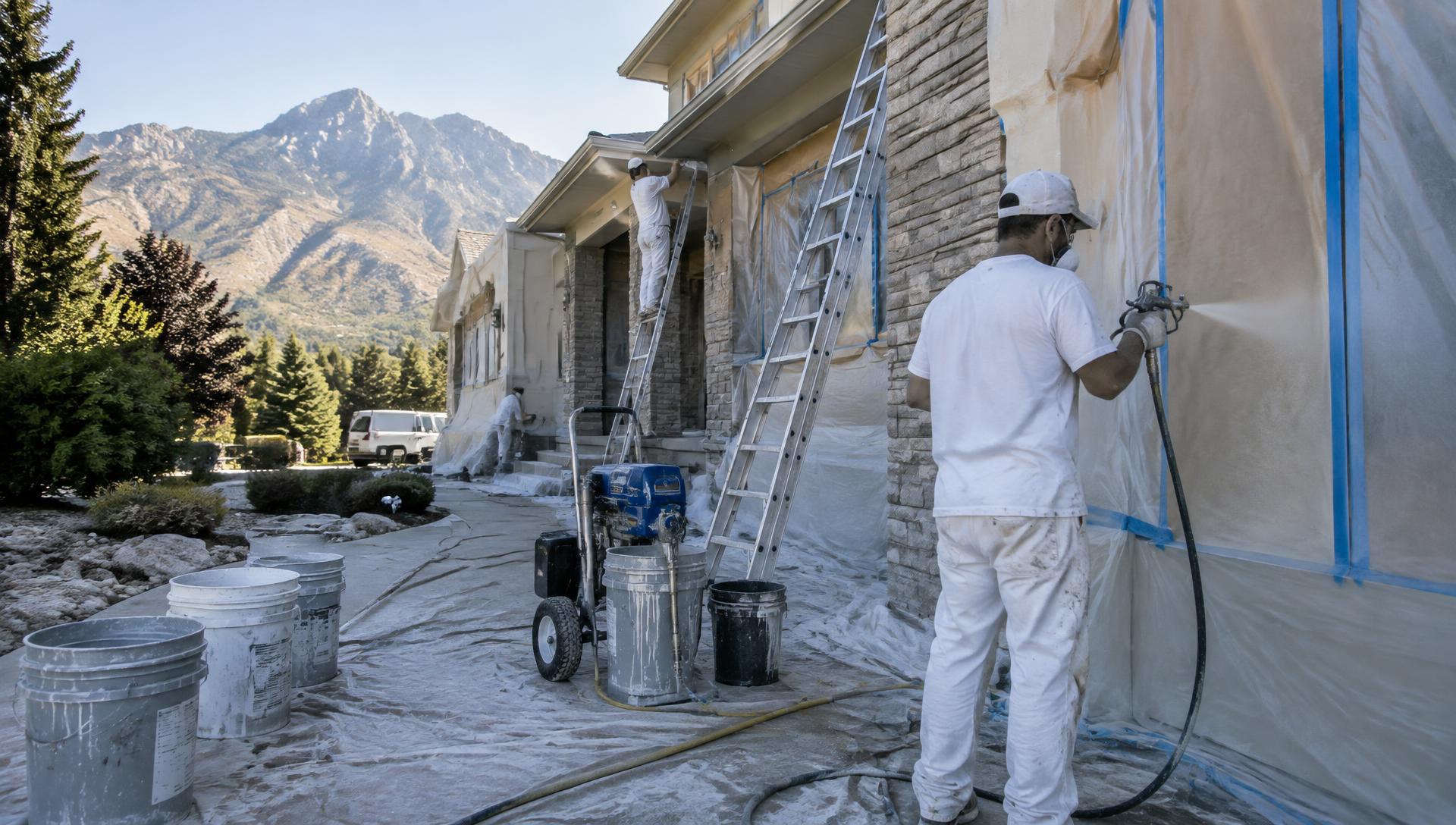 Painter spraying cabinet doors in a controlled spray area