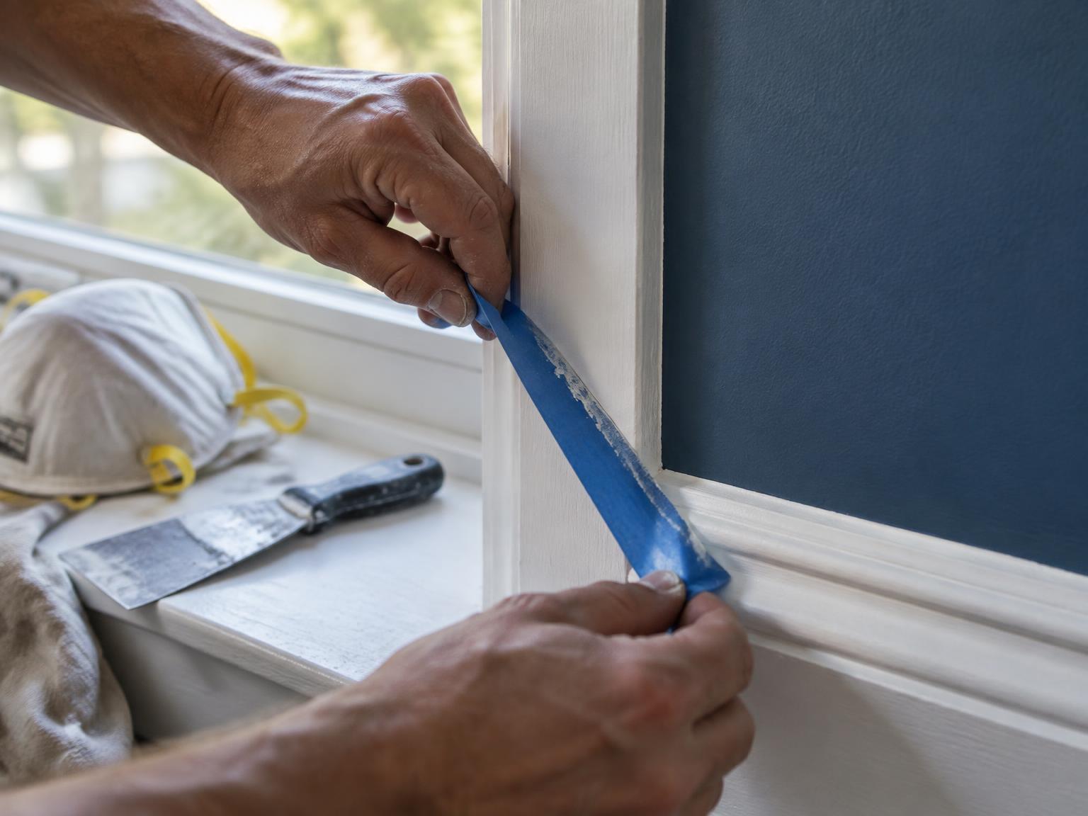 Painter carefully cutting in trim work on a Durango, CO interior painting project